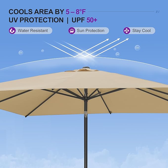 PURPLE LEAF 8' x 8' Square Patio Umbrella Outdoor Table Umbrella Aluminum Frame Market Umbrella with 8 Sturdy Ribs & Tilt for Garden Deck Lawn Pool Beige