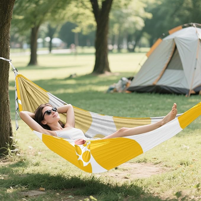 Yellow Spots on White Background 330lb Capacity Camping Hammocks with Hanging Rope Fabric Hammock for Patio Backyard Lounge Base hamaca con Base para adultos