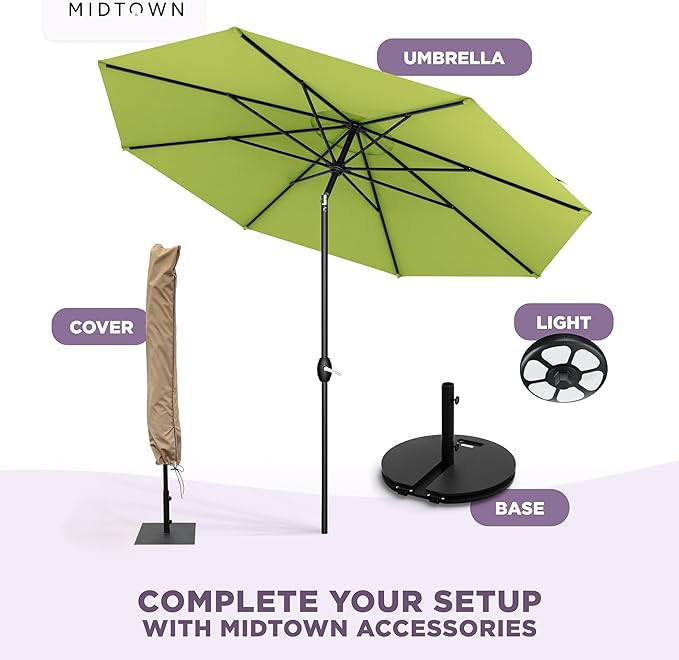 Midtown Umbrellas – The Lean 10 Ft Patio Umbrella with 10-Year-No-Fade Acrylast Acrylic Fabric, Auto-Tilt and 8 Reinforced Ribs for Deck, Pool, Garden, Hotel & Cafes – Green Tropic Canopy, Black Pole