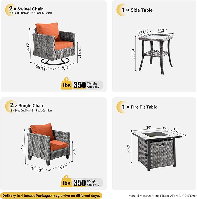 ovios 6 Pieces Patio Furniture Set, Outdoor Wicker Rattan Swivel Chairs with 30" Fire Pit Table, High Back Rocking Glider Chair Conversation Sets for Porch Deck, Orange Red