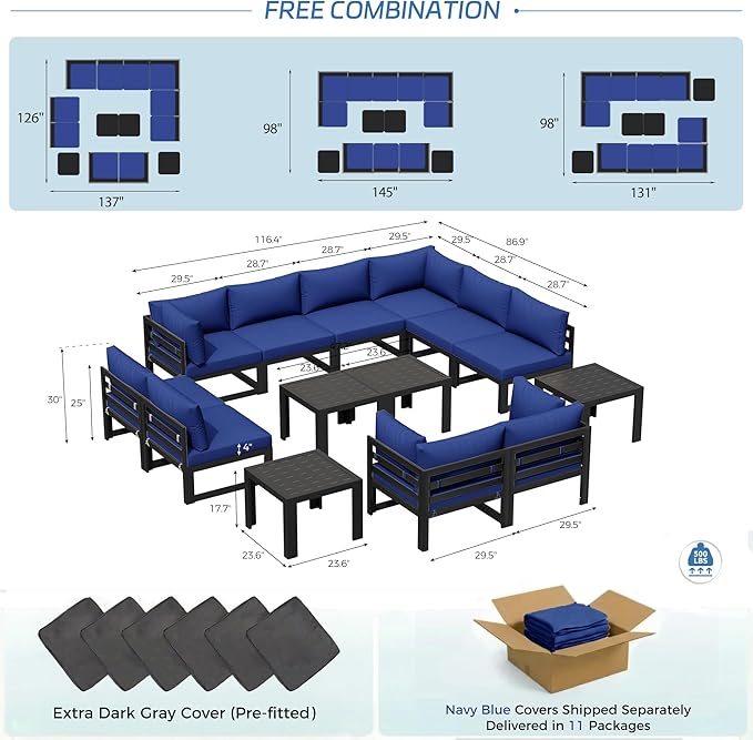 NICESOUL Extra Large Aluminum Patio Furniture Set with End Table, All-Weather 29" Wide Deep Seats Outdoor Sofa Conversation Set, Contemporary Sectional Couch for 10 Seats, for Garden, Navy Blue