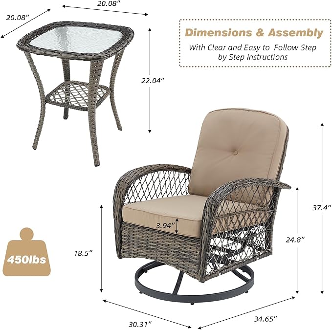 EROMMY 3 Pieces Outdoor Swivel Rocker Patio Chairs, 360 Degree Rocking Patio Conversation Set with Thickened Cushions and Glass Coffee Table for Backyard, Khaki
