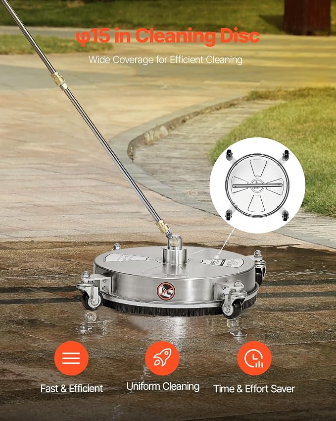 VEVOR 16.5 Inch Pressure Washer Surface Cleaner, 4000 PSI Stainless Steel Attachment with 4 Wheels, 2 Nozzles, 1/4 Inch Quick Connect and 2 Wands for Concrete, Patio, Deck
