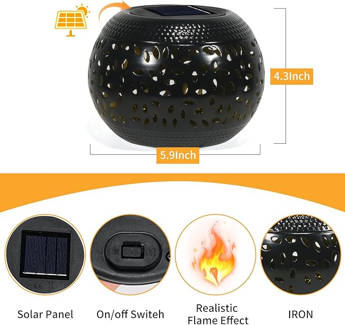 Solar Table Light Waterproof Outdoor & Indoor Lantern - Black Metal Retro Hollowed-Out Flickering Flame Tabletop Lights for Desk/Bedroom/Patio/Garden, Solar Powered Lamp Pathway Yard Garden Decor