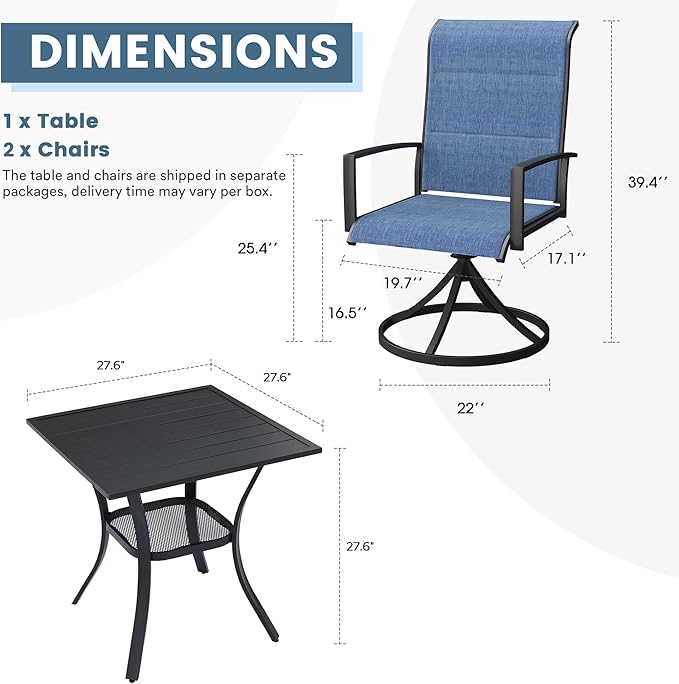 DIFY 3 Piece Outdoor Dining Set for 2, Patio Furniture Set with Padded Textilene Swivel Patio Chairs and 27.6" Small Square Metal Dining Table, Blue Fabric & Black Tabletop