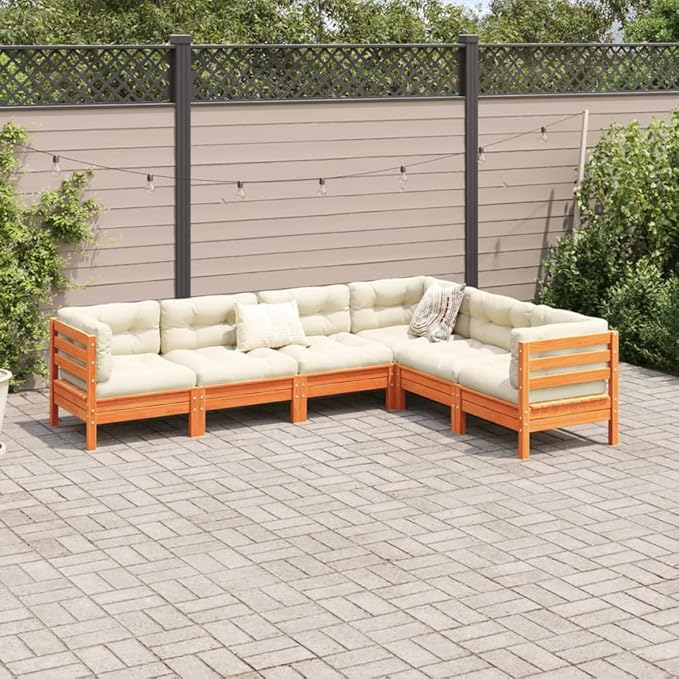 6 Piece Patio Sofa Set with Cushions, Garden Lounge Set Porch Furniture Set Patio Conversation Set Outdoor Dining Sets for Garden Piazza Exhibition Negotiation Area Wax Brown Solid Wood Pine