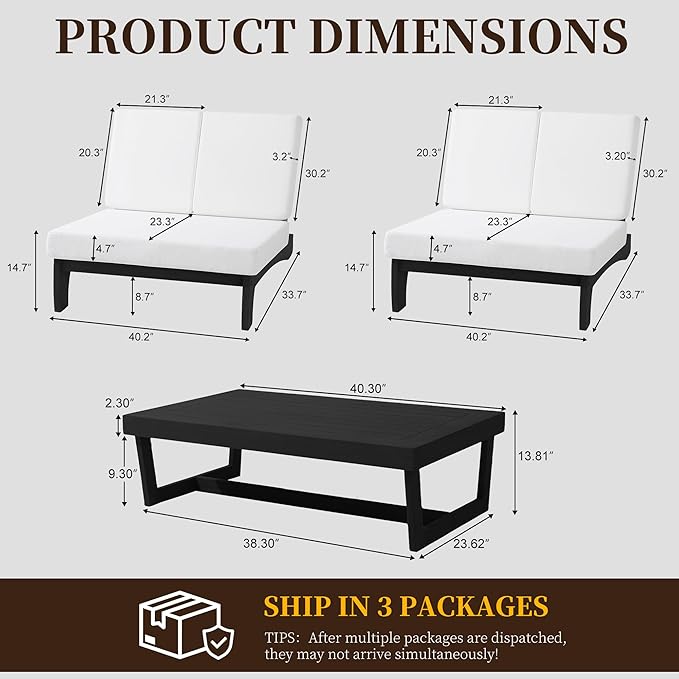UIXE All Weather Patio Furniture Sets, 3 Pieces Black Wood Patio Loveseat Sofa Outdoor Sectional Futniture Backyard Conversation Set with Solid Wooden Coffee Table - Beige