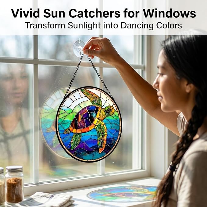 Birthday Gifts for Women - Blue Sea Turtle Faux Stained Glass Window Hanging Sun Catcher for Door Garden Acrylic Decor Mother's Day Christmas for Mom Men Nana Grandma Sisters 9.8"