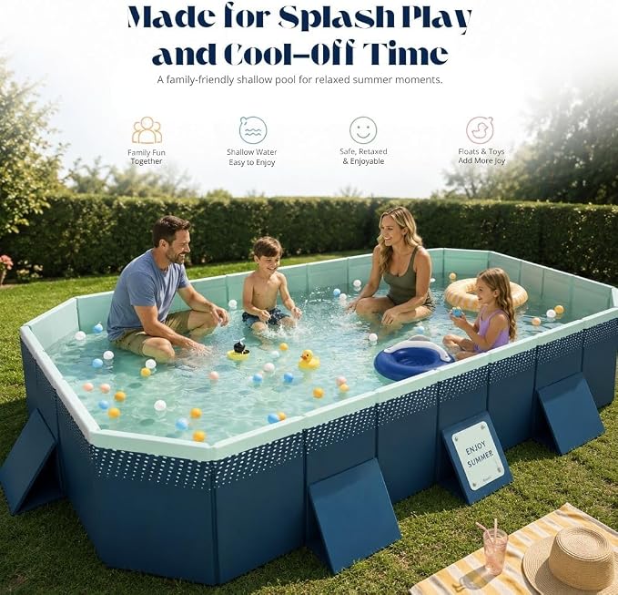 Large Foldable Pool, Non Inflatable Pool with 4-Layer Composite PVC, Sturdy Triangular Support Boards, Double Drains, Foldable Outdoor Pool for Backyard Kids & Adults, 5 Sizes