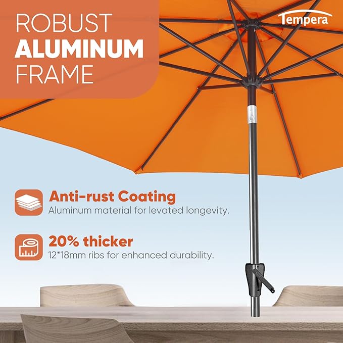 Tempera Patio Market Outdoor Table Umbrella with Push Button Tilt and Crank, Large Sun Umbrella with Sturdy Pole & Fade Resistant Canopy, Easy to Set