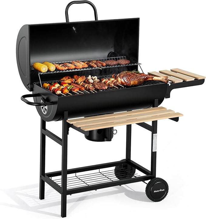 MASTER COOK Barrel Charcoal Grill with Foldable Front Wood Shelf, 686 Sq.in. Cooking Area Outdoor bbq Grill, Thermometer and Adjustable Air Vents for Backyard, Patio, Parties, Tailgating, Black