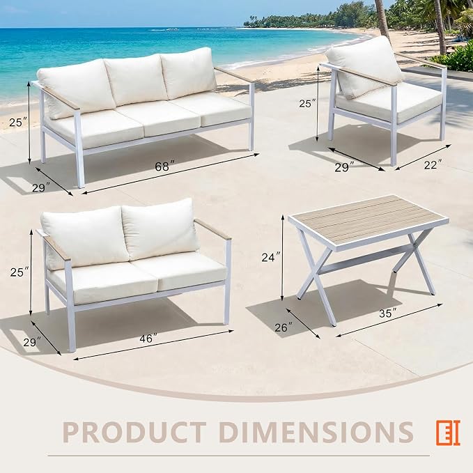 Aluminum Patio Sectional Furniture Set,5 piece Patio Conversation Sets Outdoor Patio Furniture Set Sofa with Coffee Table & Washable Cushions White