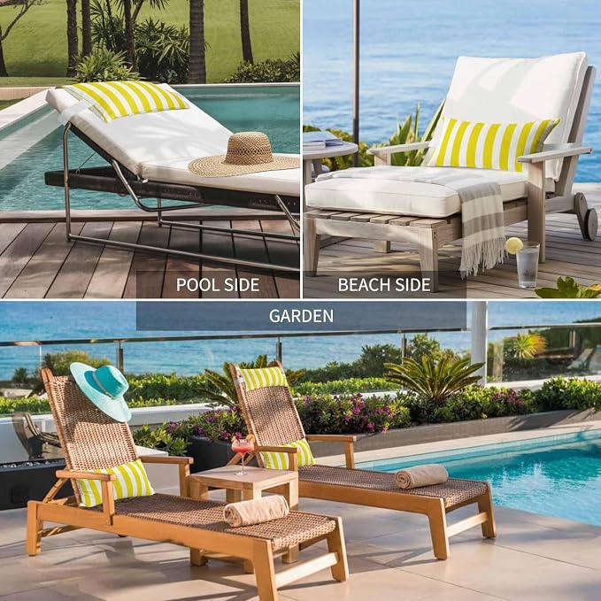 Yellow Striped Outdoor Chaise Lounge Head Pillow with Insert,Modern Farmhouse Yellow White Stripes Waterproof Headrest Lumbar Pillow Cusion Cover with Elastic Strap for Patio Recliner,11"x16" 2PCS