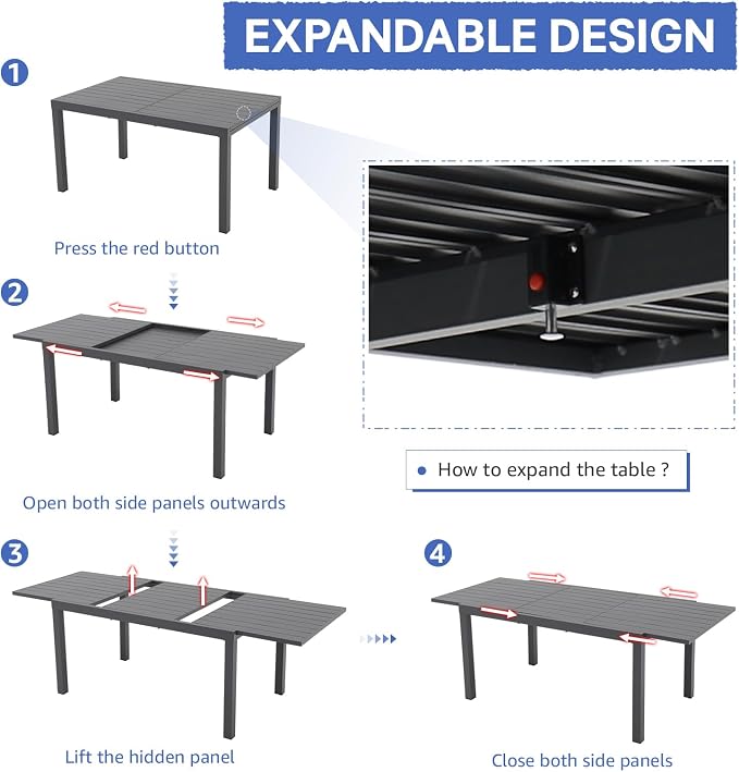 Soleil Jardin 9-Piece Outdoor Patio Dining Set, 59" - 83" Aluminum Expandable Outdoor Dining Table Set for 8, 8 Stackable Chairs with Gray Removable Cushions, Dark-Grey