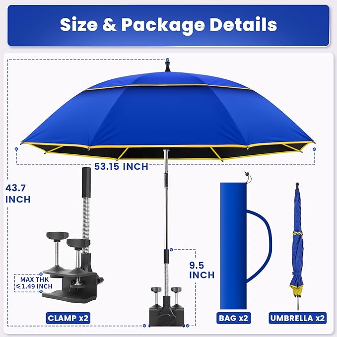 Chair Umbrella with Clamp,2PACK 53 inches Double Canopy Beach Chair Umbrella with Universal Clamp,50+ UV Protection,360° Swivel,Folding Clip on Sun Umbrellas for Table,Camping,Bench Chairs,Golf Cart