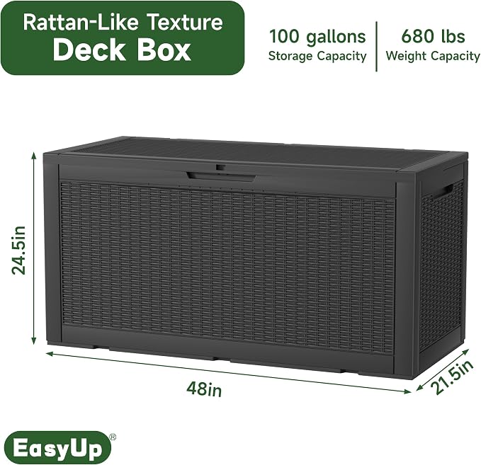 120 Gallon Outdoor Deck Box, Resin Waterproof Storage Box With Lockable Lid, UV-Resistant Multi-Purpose Outdoor Storage Bench for Patio Cushions, Garden Tools, Pool Accessories (120 Gallon, Black)