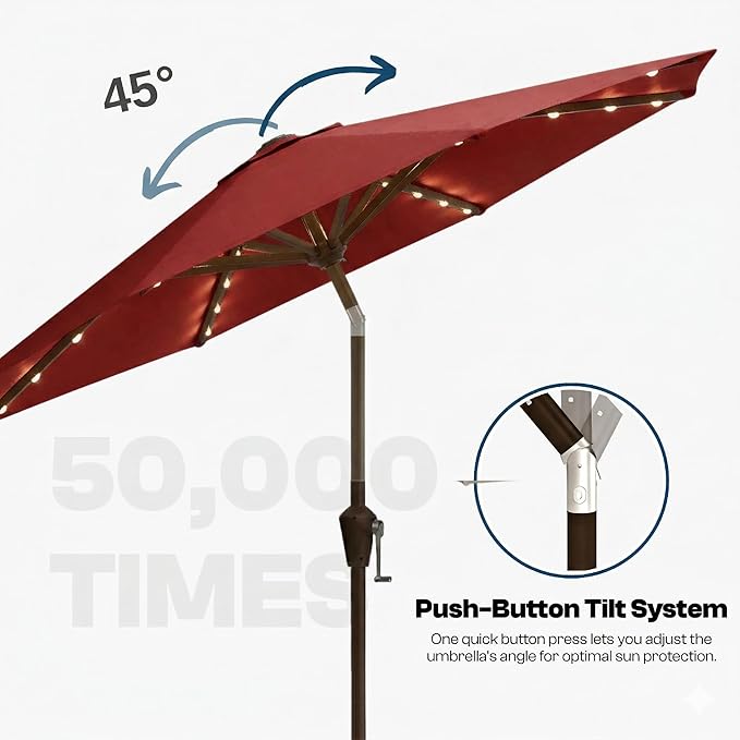 10FT Solar Lighted Patio Umbrella, Outdoor Table Market Umbrellas with Push Button Tilt and Crank, 32 LED Lights, 8 Sturdy Ribs, UV-Resistant for Deck, Garden, Pool