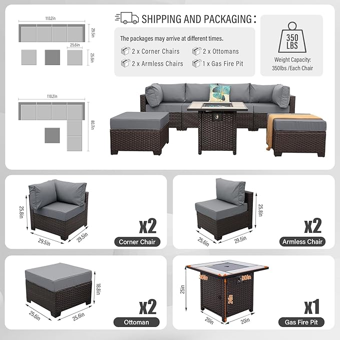 WAROOM Outdoor Patio Furniture Set 7 Pieces Wicker Sectional Sofa Brown Rattan Conversation Couch with Propane Fire Pit Table, Anti-Slip Thick Grey Cushion