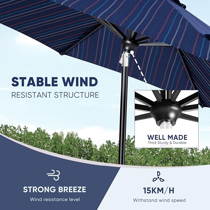 Tempera Patio Market Outdoor Table Umbrella with Auto Tilt and Crank, Large Sun Umbrella with Sturdy Pole & Fade Resistant Canopy, Easy to Set