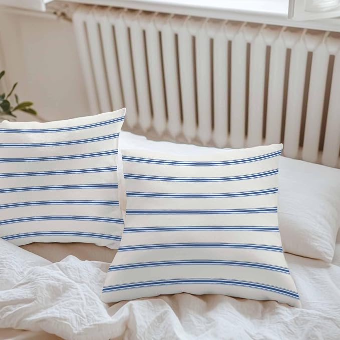 Vandarllin Outdoor Throw Pillows Covers 18x18 inch Set of 2 Waterproof Blue Stripes Decorative Zippered Cushion Covers for Patio Furniture, Abstract Lines Striped Lumbar Pillowcases
