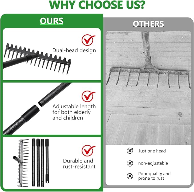 49 inch Bow Rake, 2-in-1 Metal Garden Lawn Rake for Weeding Digger Loosening Soil Raking Leaf Leveling Rocks Spreading Mulch Gravel 17 Tines Adjustable Garden RakeBow Rake