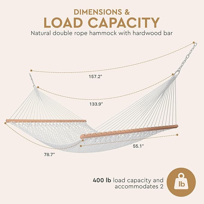 Double Rope Hammock with Hardwood Spreader Bars – Cotton Rope Outdoor Hammock for Patio Backyard Camping Trees – 2 Person Heavy Duty 400 lb Capacity with Carry Bag