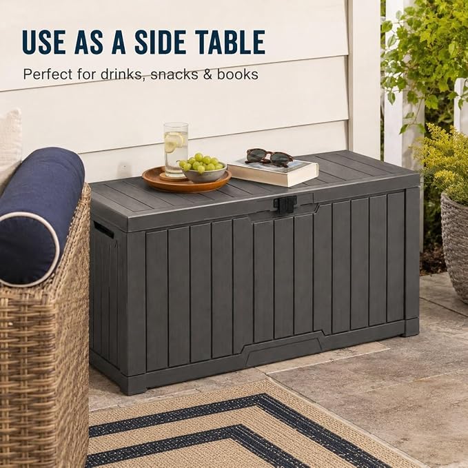 Outdoor Storage Box, Waterproof Deck Box with Buckle Lock, Patio Storage Box for Cushions and Outdoor Toy Storage, 30/60/80/100/120 Gallon PP Bench or Side Table for Patio Garden Backyard(80 Gallon)