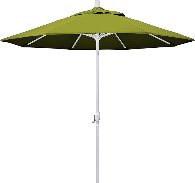 California Umbrella 9' Round Aluminum Market Umbrella, Crank Lift, Push Button Tilt, White Pole, Kiwi Olefin