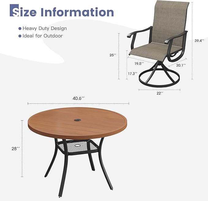 VICLLAX 5 Pieces Patio Dining Set, Patio Furniture Set of 4 Patio Swivel Dining Chairs and 41" Patio Round Table with Storage Shelf for Deck Garden, Mixed Brown Chairs & Walnut Tabletop
