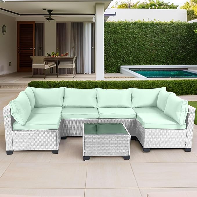 CHABATREE 7 Pieces Outdoor Patio Furniture Sets,Rattan Conversation Sectional Set,Manual Weaving Wicker Patio Sofa with Tea Table
