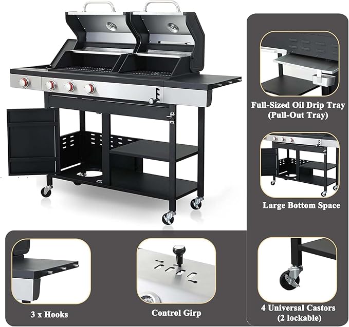 3 Burner Propane Gas and Charcoal Grill Combo with Side Burner & Porcelain-Enameled Cast Iron Grates, 37230BTU Output Dual Fuel Outdoor BBQ Grill for Patio Garden Picnic Backyard Barbecue Cooking