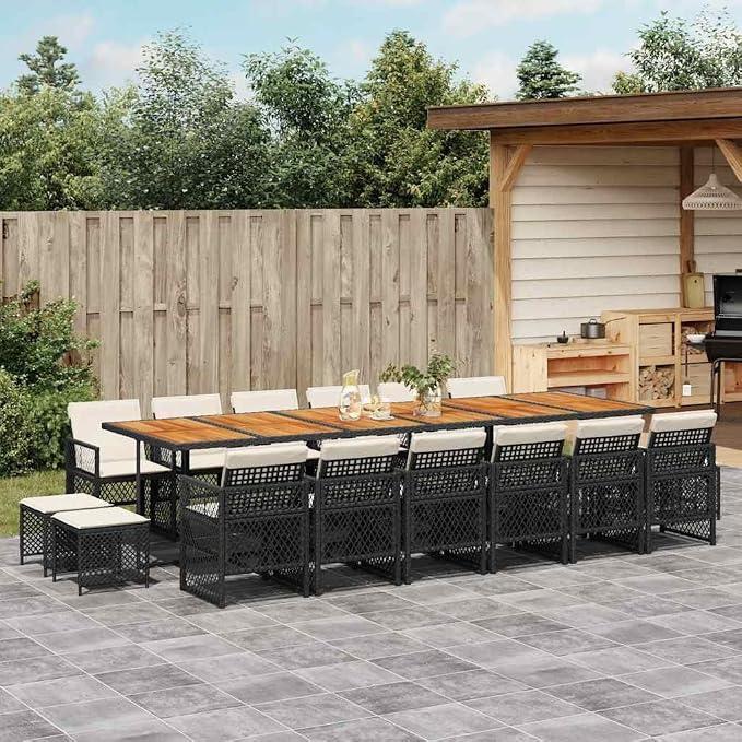 17-Piece Garden Dining Set with Large Rectangular Table Chairs and Stools, Modern PE Rattan and Acacia Wood Outdoor Furniture for Patio and Terrace, Black