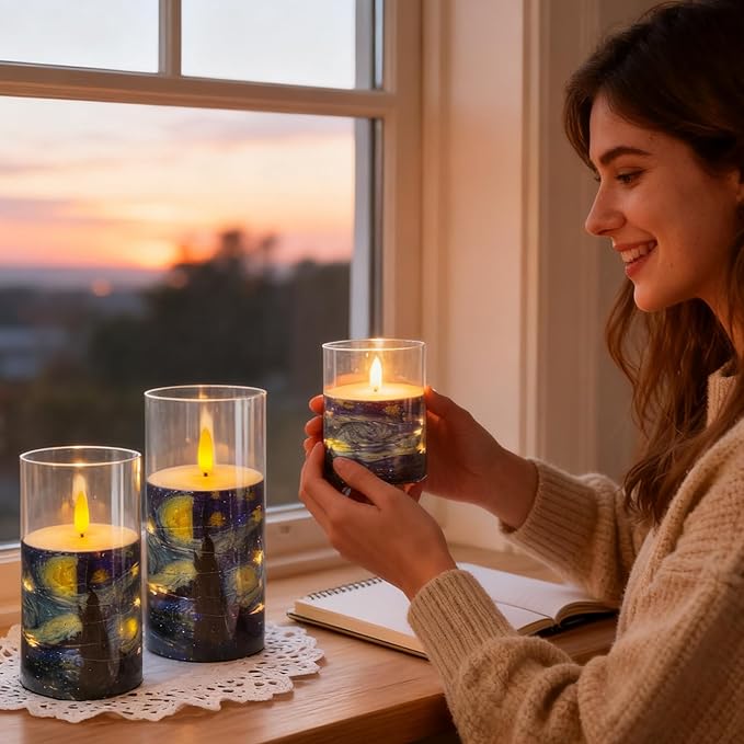 Flickering Flameless Candles, Recessed String Light LED Candles Acrylic Battery Operated LED Pillar Candles Van Gogh Art Painting Style for Home Decor Set of 3(Starry Night Printed)