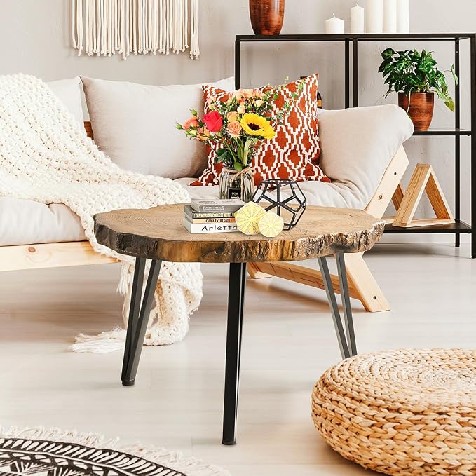 SUNBURY Outdoor Coffee Table, 31" W Faux Wooden Coffee Table, Modern Round Coffee Table for Patio, Concrete Outdoor Side Table with Anti-Rust Metal Leg for Garden, Backyard, Lawn, Deck