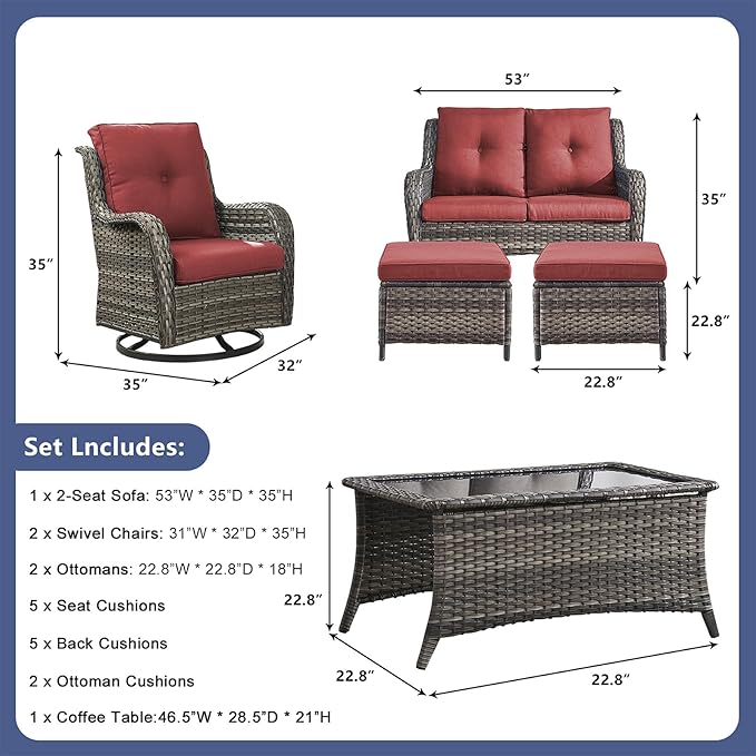 Rilyson Wicker Patio Furniture Set - 6 Piece Rattan Outdoor Sectional Conversation Sets with 2 Swivel Rocking Chairs,2 Ottomans,1 Loveseat and 1 Coffee Table for Porch Deck Garden(Mixed Grey/Red)