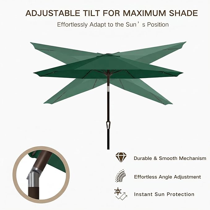 Kingdura 10FT Outdoor Patio Umbrella with Solar Lights, Market Table Umbrella with Push Button Tilt & Crank, 8 Sturdy Ribs, 32 LED Lights, UV Protection for Garden Lawn Deck Backyard Pool (Dark green)