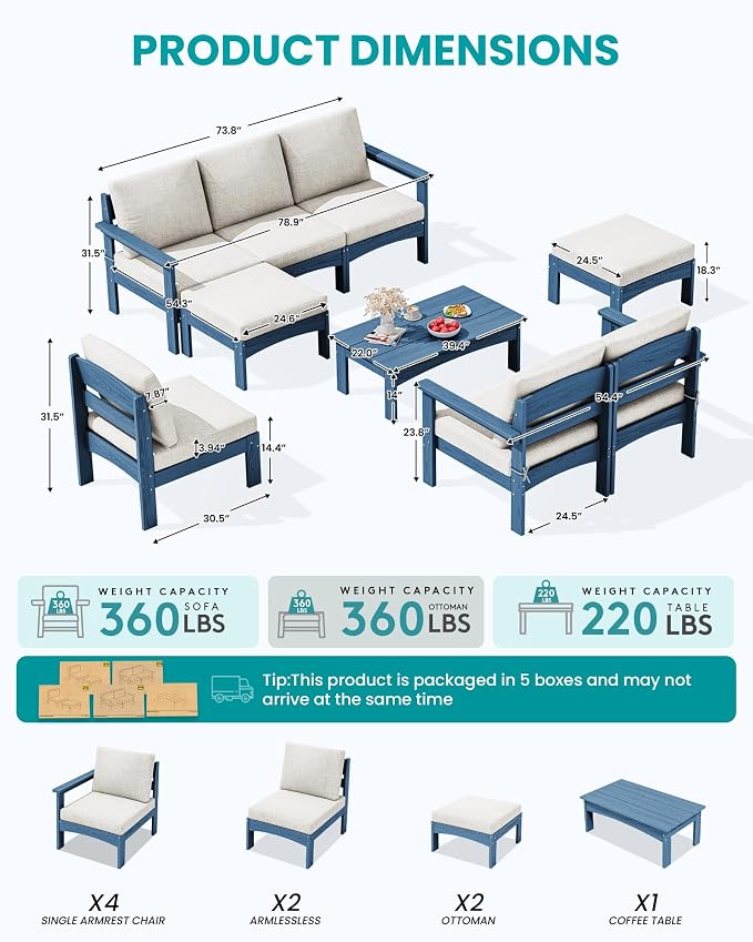 SERWALL 9 Pieces Patio Conversation Set, All-Weather HDPE Outdoor Sectional Sofas with Removable Cushions and Coffee Table, Extra-Large Furniture Set for Backyard, Blue Frame with Khaki Cushion