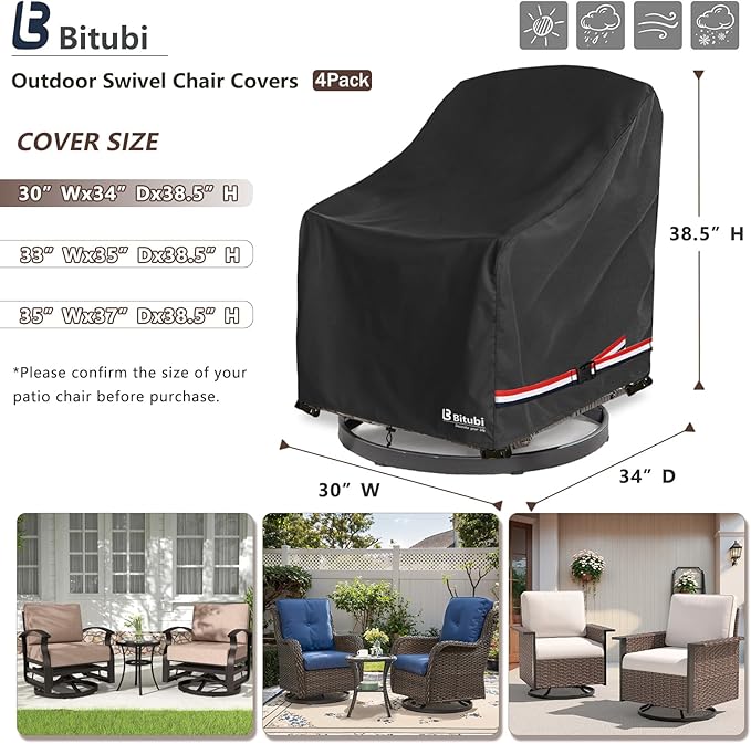 Bitubi Waterproof 4 Pack Outdoor Swivel Chair Cover for Patio Chair Size Up to 30W x 34D x 38.5H inch,Outdoor Lawn Patio Furniture Covers (Black)