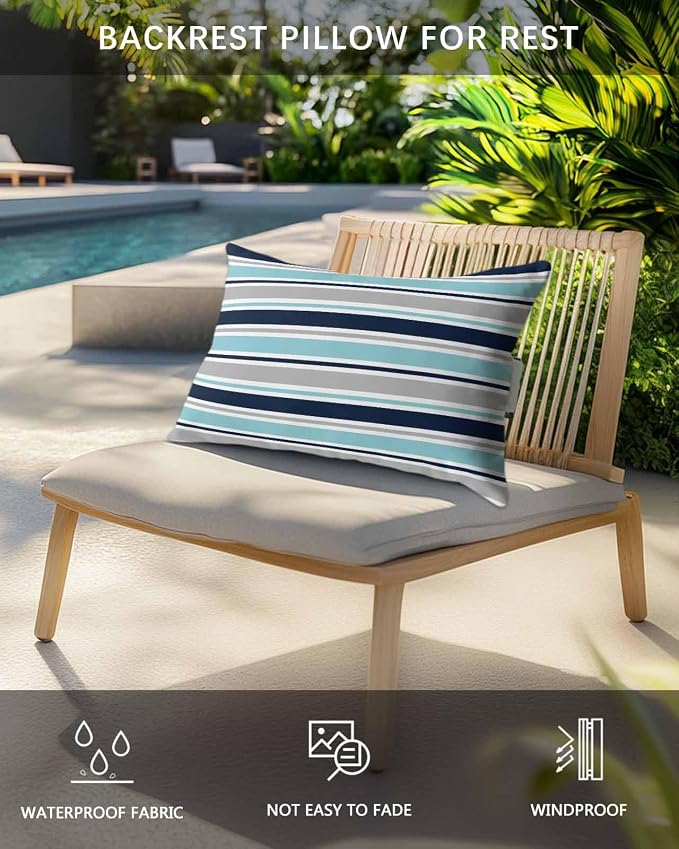 Pack of 4 Outdoor Lumbar Pillow Covers 12x20 Inch, Grey Blue Striped Waterproof Throw Pillow Covers Set, Farmhouse Stripes Abstract Art Navy Blue Outside Decorative Cushion Cases for Patio Porch Car