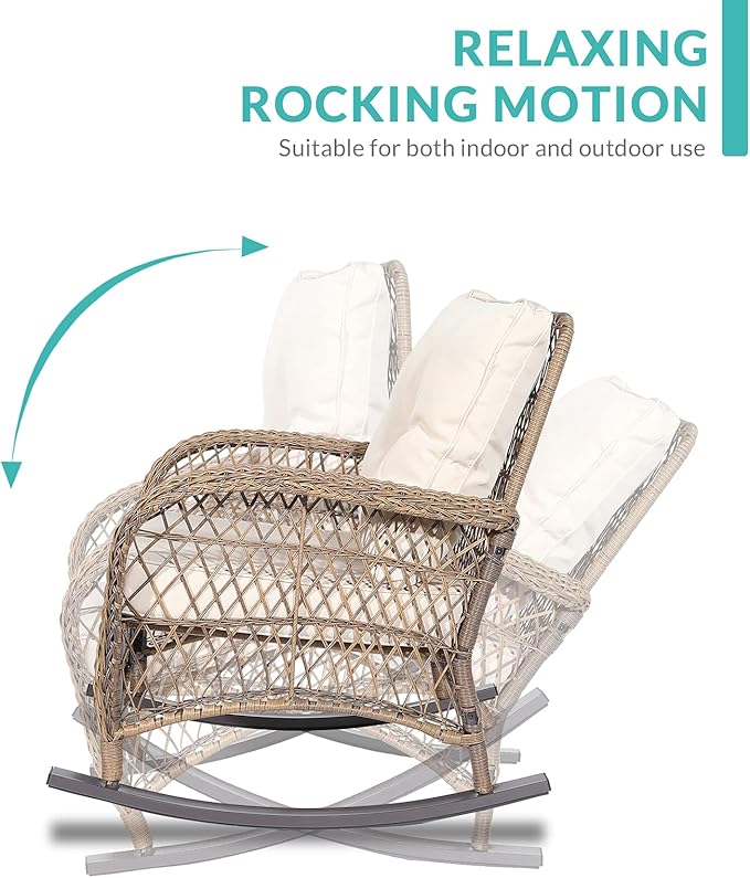 MEETWARM 7-Piece Outdoor Wicker Patio Conversation Set With Glider Loveseat, 4 Chairs, 2 Glass-Top Coffee Tables, Rocking Glider Set, Thickened Cushions, Beige
