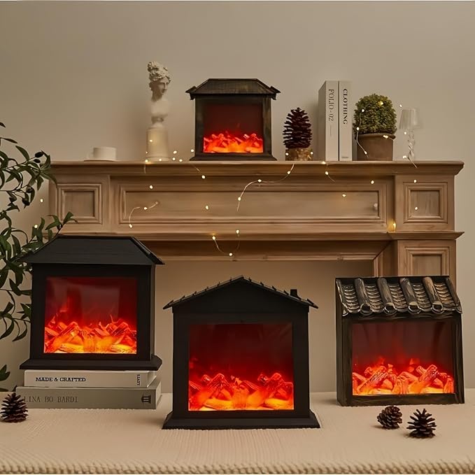 Simulated LED Fireplace Lantern USB & Battery Powered Flameless Light with Simulation Flame Table Decorative Lamp Mini Fireplace Ornament for Cozy Home Decor Free Standing Electric Log Burner