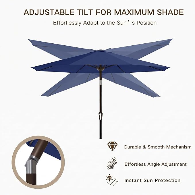 Kingdura 10FT Outdoor Patio Umbrella with Solar Lights, Market Table Umbrella with Push Button Tilt & Crank, 8 Sturdy Ribs, 32 LED Lights, UV Protection for Garden Lawn Deck Backyard Pool (Navy blue)