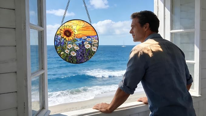 Stained Glass Window Hanging - Sunflowers, Daisies, Lavender and Sunset 6.3 Inches Suncatcher for Garden Home Decor for Women Mom Grandma Friends