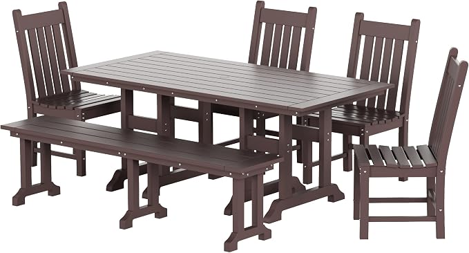 WestinTrends Malibu 6 Piece Outdoor Dining Set with Bench, All Weather Poly Lumber Patio Table and Chairs Set, 71" Trestle Dining Table with Umbrella Hole, 5 Patio Chairs with Bench, Dark Brown