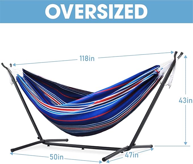 550lbs Capacity Double Hammock Adjustable Hammock Bed with 10ft Heavy Duty Steel Stand Includes Portable Carrying Case, Easy Set up Blue Pinstrip B