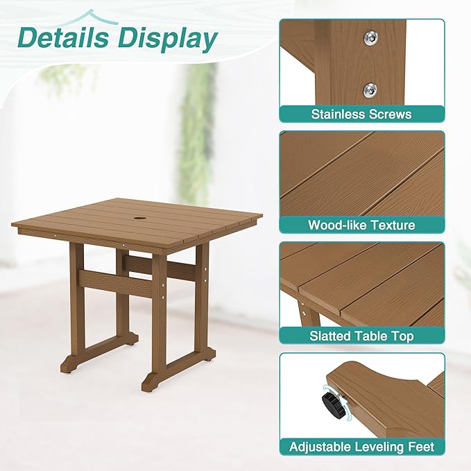 Square Outdoor Dining Tables for 4, HDPS Weather Resistant Patio Dining Table, 35" Outdoor Tables with 1.96" Umbrella Hole for Patio, Balcony, Backyard, Brown