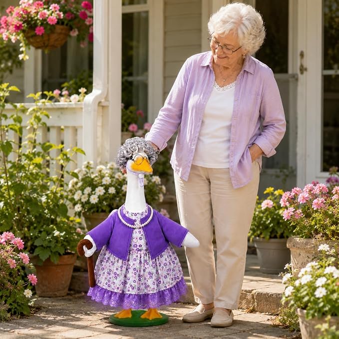 JcHrmers Old Lady Goose Outfits Porch Goose Clothes Fits 23" Cement Plastic Goose Statue Grandma Goose Outfit with Wig Glasses Pearl Necklace for School Outdoor Garden Lawn Yard Patio Art Decor