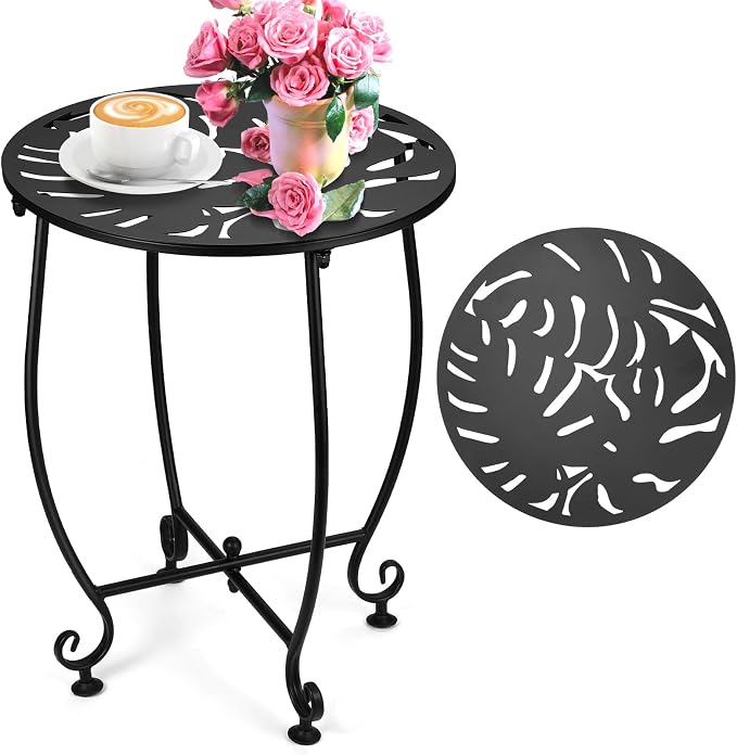 14 Inch Outdoor Metal Side Table, Weather Resistant Small Round End Table for Patio, Yard, Balcony, Garden - Plant Stand Outside (Color1-Turtle Leaf, Black)