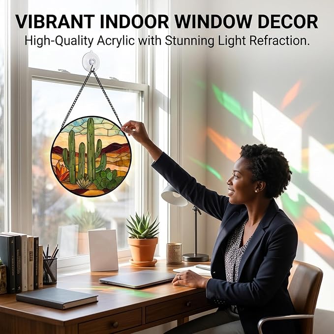 Birthday Gifts for Women - Desert Cactus Faux Stained Glass Window Hanging Sun Catcher for Door Garden Acrylic Home Decor Mother's Day Christmas for Mom Nana Friend Grandma Wife 6.3"