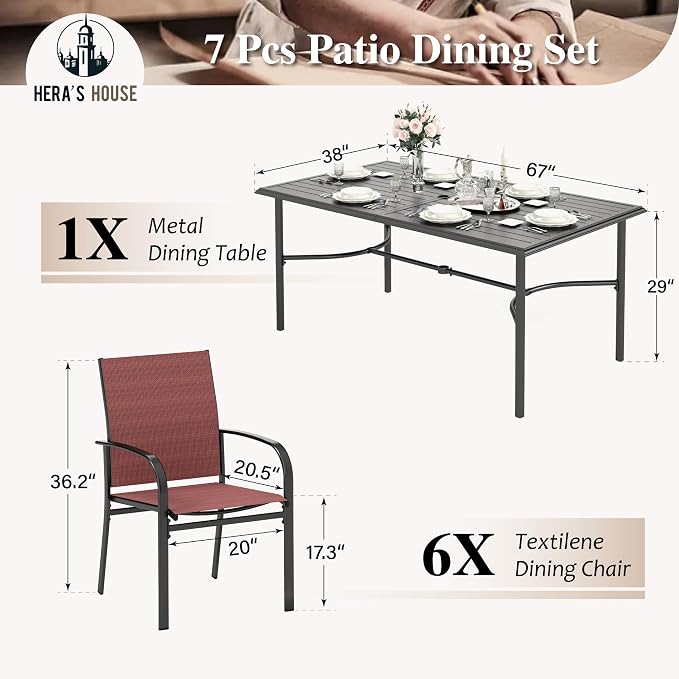 HERA'S HOUSE 7pc Outdoor Patio Dining Set, 6 Textilene Chairs, Red | 67" rectangular metal table with umbrella hole. Waterproof, rust-resistant, all-weather for backyard, porch